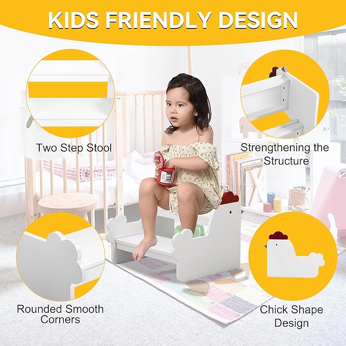 Wood Step Stools for Kids, Child Two Step Stool of Chick Shape, Toddler Step Stools Potty Training Stool, Easy to Move Safety for Kitchen, Bathroom, Bedroom, Toilet