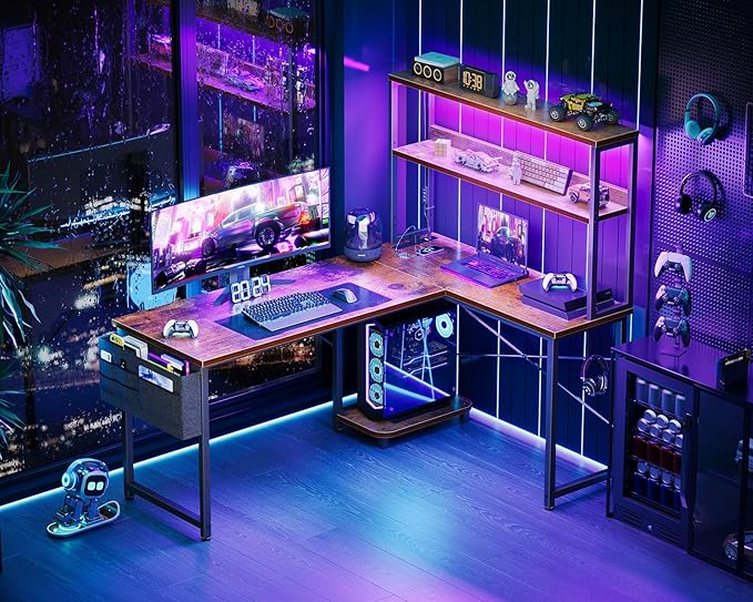 AODK L Shaped Desk Gaming Desk with LED Light & Power Outlet, 53 Inch Reversible L Shaped Computer Table with Shelf & Storage Bag & Hook for Home Office, Vintage