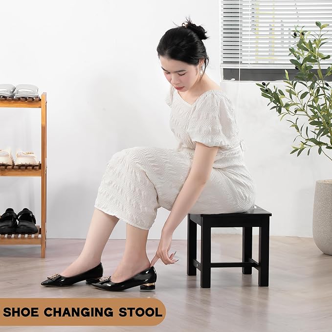 12 Inch Wooden Black Step Stool, Small Nature Beach Chair Under Desk, Indoor Acacia Wood Short Footstool for Living Room, Kitchen, Bathroom