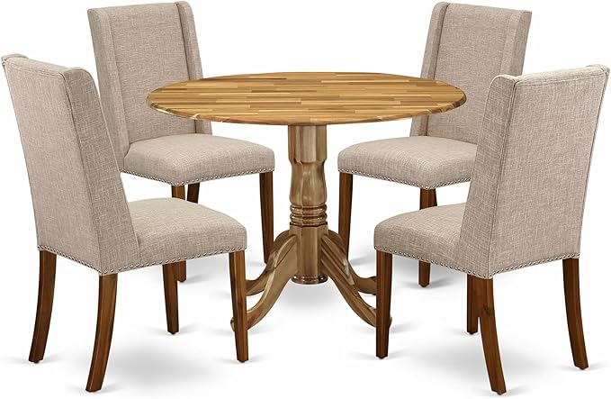 East West Furniture DLFL5-ANA-04 5 Piece Dining Room Furniture Set Includes a Round Dining Table with Dropleaf and 4 Light Tan Linen Fabric Parsons Chairs, 42x42 Inch, Natural