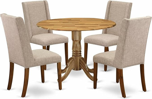 East West Furniture DLFL5-ANA-04 5 Piece Dining Room Furniture Set Includes a Round Dining Table with Dropleaf and 4 Light Tan Linen Fabric Parsons Chairs, 42x42 Inch, Natural