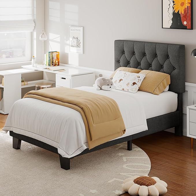 Feonase Twin Platform Bed Frame with Button Tufted Headboard, Upholstered Linen Bed with Wooden Slats Support, No Box Spring Needed, Noise-Free, Easy Assembly, Dark Grey