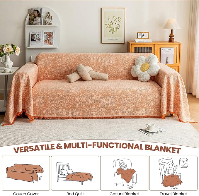 STACYPIK Boho Sofa Cover for Pets, Orange Geometric Couch Cover for 3 Cushion Sofa, Washable Dogs Protector for Living Room, Anti-Slip Sectional Covers for Loveseat with Tassel Throw Blanket-71X134IN