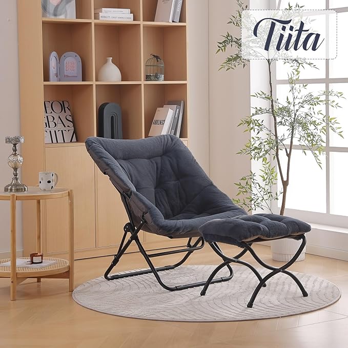 Tiita Folded Chair with Ottoman, Soft Faux Fur Oversized Folding Accent Chair,Lounge Lazy Chair, Metal Frame Moon Chair for Bedroom, Living Room, Dorm Rooms, Garden and Courtyard