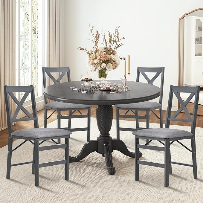 COLAMY Folding Dining Chairs Set of 4, Foldable Chairs with Padded Seats, Wood Folding Dining Room Chairs for Kitchen, Party, Camping, Dark Grey