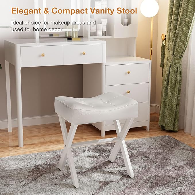 18-Inch Leather Vanity Stool Chair, Vanity Bench with Metal X-Leg, Ottoman Foot Stool with Thick Padded Saddle Seat, White