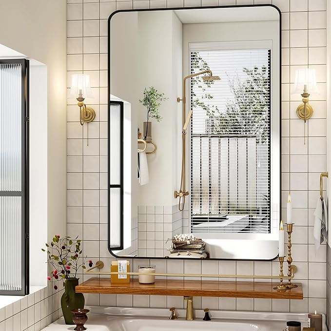 30 x 48 Inch Bathroom Mirror, Rounded Rectangular Vanity Mirror for Wall, Modern Mirror for Room Decor, Black Framed Wall-Mounted Mirrors for Home Decor, Hangs Horizontally or Vertically