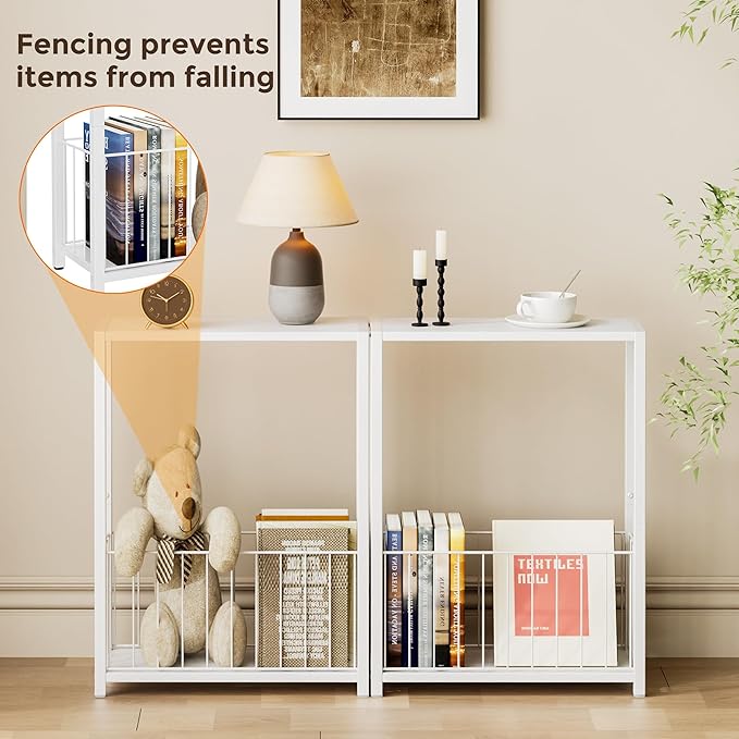 Narrow Side Table with Magazine Holder, Skinny End Table Perfect for Small Spaces, Space-Saving Design for Living Room, Bedroom, or Office, 7.1" D x 16.9" W x 23.6" H, White