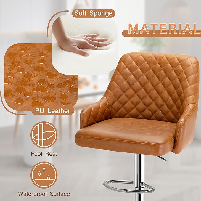 VECELO Bar Stools Set of 2, Modern PU Leather Adjustable Bar Stools with Back, 360° Swivel Bar Height Stools for Kitchen Counter Island, X-Large Size