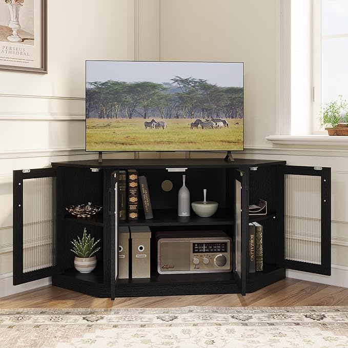 Panana Corner TV Stand - 47 Inch Media Console with 4 Doors and Shelves, Living Room Storage Entertainment Center for TVs up to 51 Inch (Black)