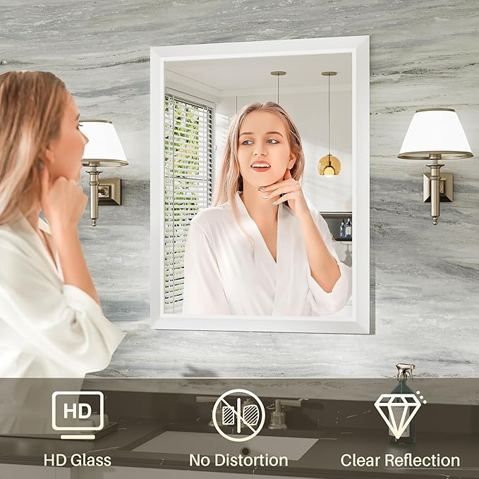 24x30 Inch White Bathroom Mirror for Wall, Thick Metal Framed Rectangle Mirrors for Over Sink, Bedroom, Living Room, Entryway, Anti-Rust, HD Tempered Glass