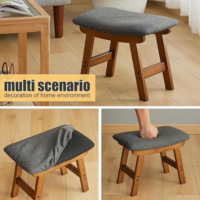 Foot Stool Ottoman Foot Rest Under Desk,Small Stool for Living Room, Bedroom and Kitchen (Brown Legs - Gray Stool Surface)