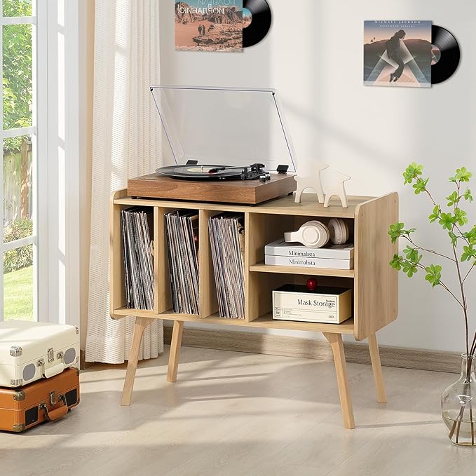 Lerliuo Record Player Stand with 4 Cabinet Holds Up to 220 Albums, Large Stand with Beech Wood Legs, Mid-Century Record Player Table,Burlywood Vinyl Holder Storage Shelf for Living Room