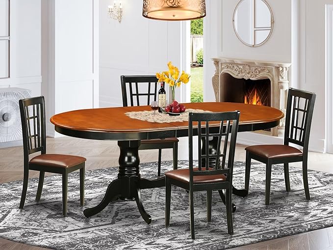 East West Furniture PLNI5-BCH-LC 5 Piece Kitchen Table Set for 4 Includes an Oval Dining Room Table with Butterfly Leaf and 4 Faux Leather Upholstered Chairs, 42x78 Inch, Black & Cherry