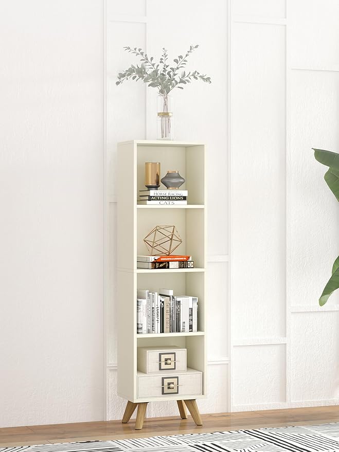 Manora Small Bookcase with 4 Open Shelves, Modern White Bookshelf with Wooden Legs, Narrow Storage Organizer for Living Room, Bedroom, Office