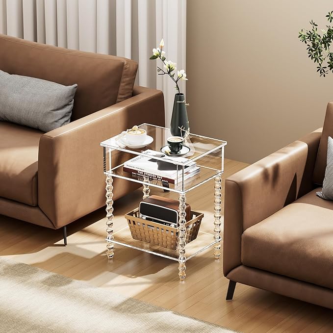 Acrylic Side Table, Clear 3-Tier End Table with Storage, Nightstand for Living Room, Bedroom, Office (Clear, 11.8 ×15.7 × 19.7)