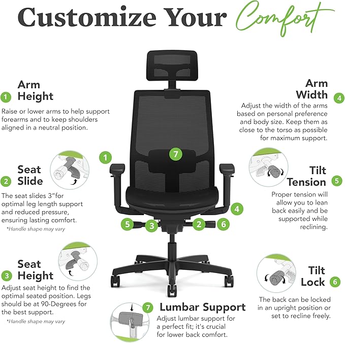 HON Ignition 2.0 Ergonomic Office Chair with Headrest, Adjustable Tilt, Swivel Wheels, Comfy for Long Hours, Home Office Desk Chairs, Black
