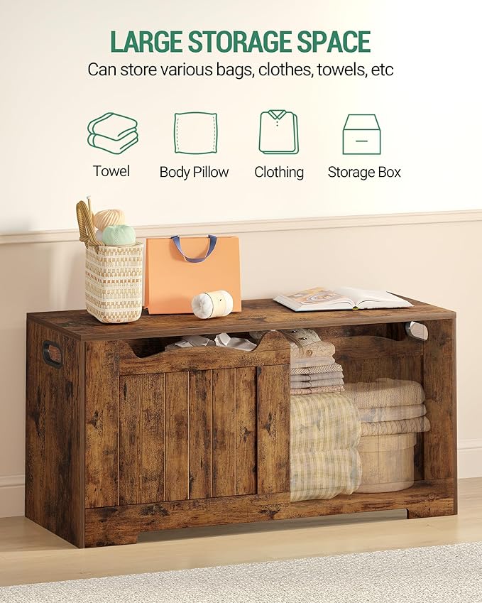 39.4" Storage Chest, Storage Bench Trunk with 2 Safety Hinge, Wooden Box, Lift-Top Chest Organizer, Shoe Bench for Entryway, Bedroom, Living Room, Rustic Brown SB01001X