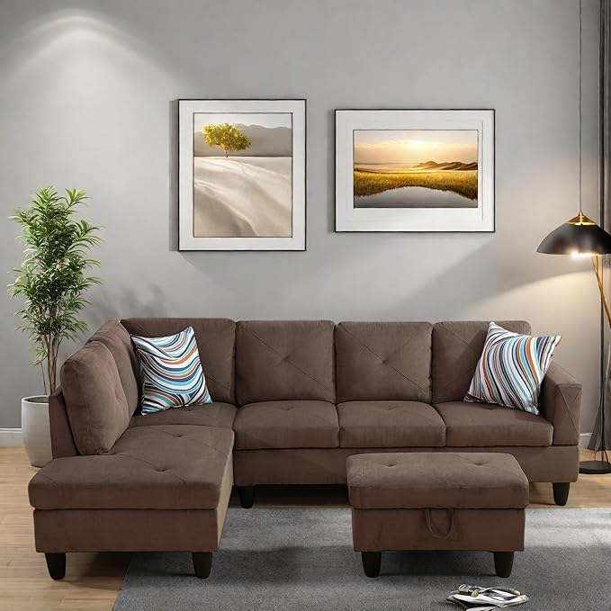 L Shaped Sectional Couches, Modern Modular Sectional Sofa for Living Room Bedroom Furniture, Comfy 4 Seat Couch with Ottoman Storage & Chaise, Brown