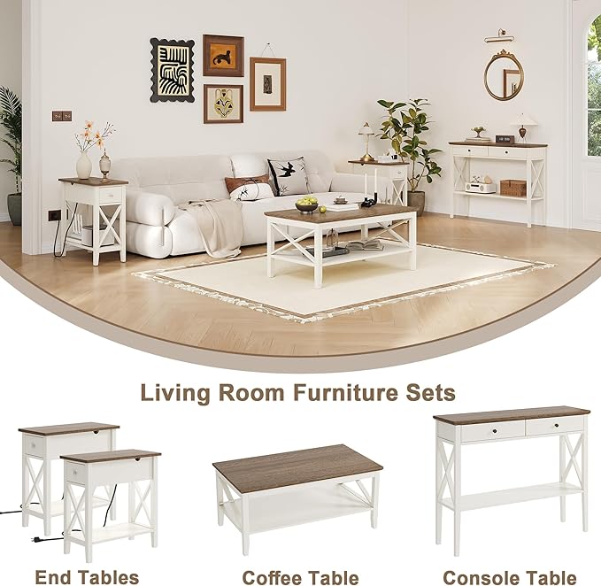 ChooChoo End Table Set of 2 with Charging Station, Narrow End Table with USB Ports and Outlets, Small Side Table Nightstand with Drawer for Living Room, Bedroom, Soft White