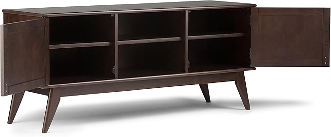 SIMPLIHOME Draper SOLID HARDWOOD 60 inch Wide Mid Century Modern TV Media Stand in Medium Auburn Brown For TVs up to 65 inches for the Living Room and Entertainment Center