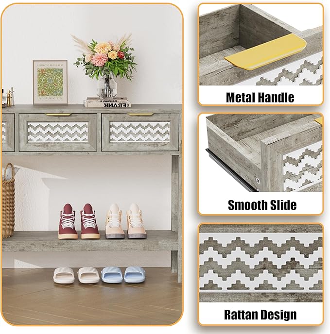 Entryway Table, Rattan Console Table with 3 Storage Drawers and Storage Shelf, Sofa Table with Socket, for Entryway, Living Room, Behind Couch and Hallway (Grey)