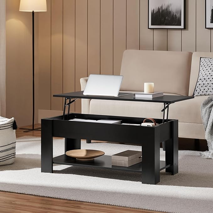 Yaheetech Wooden Coffee Table, Lift Top Coffee Table with Large Hidden Storage Shelf, Lift Tabletop Dining Tables for Living Room, Home Small Space, 38.6in, Black