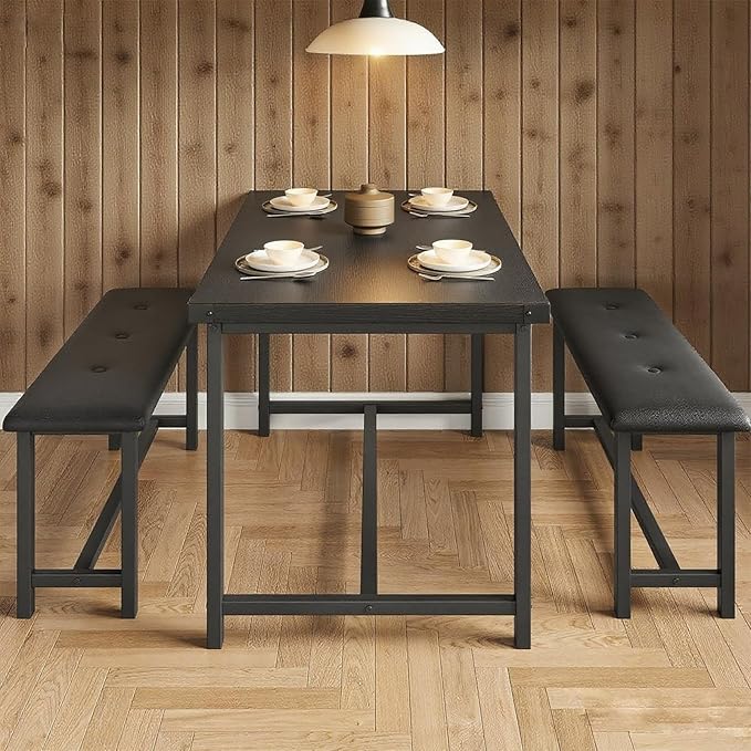 Garvee Dining Table with 2 Benches, Kitchen Table with 2 Upholstered Benches Rectangular Space Saving for Apartment, Dining Room, Kitchen, 44.5 Inches Large, Black