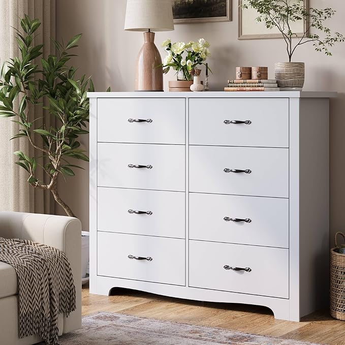 LINSY HOME 8 Drawers Dresser for Bedroom, 47" Wide Rustic Wood Dressers & Chests of Drawers, 40" Tall Modern Storage Dresser with Antique Handles for Closet, Living Room, Hallway, White
