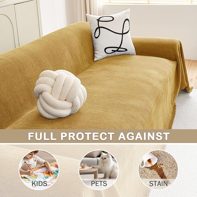 hyha Couch Cover for Dogs, Boho Sofa Covers for 3 Cushion Couch Washable, Chenille Sofa Slipcover for Pets, Soft Loveseat Sectional Couch Throw Blankets with Tassels (Yellow, 71x150 Inch)