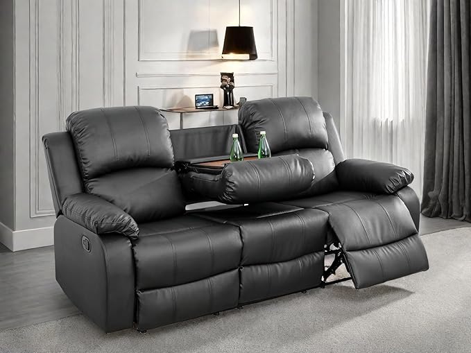 Leather Recliner Sofa Couch, 3-Seater Home Theater Seating Reclining Sofa, Power Reclining Couch with Cup Holders & Drop Down Table for Living Room Furniture Sets, Black