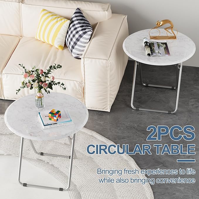 TV Tray Table, Round Folding Table, Foldable Snack Tray for Eating, Small Folding Table Set of 2, Dinner Table for Couch, Living Room, Small Space (White Marble, 2Pcs)