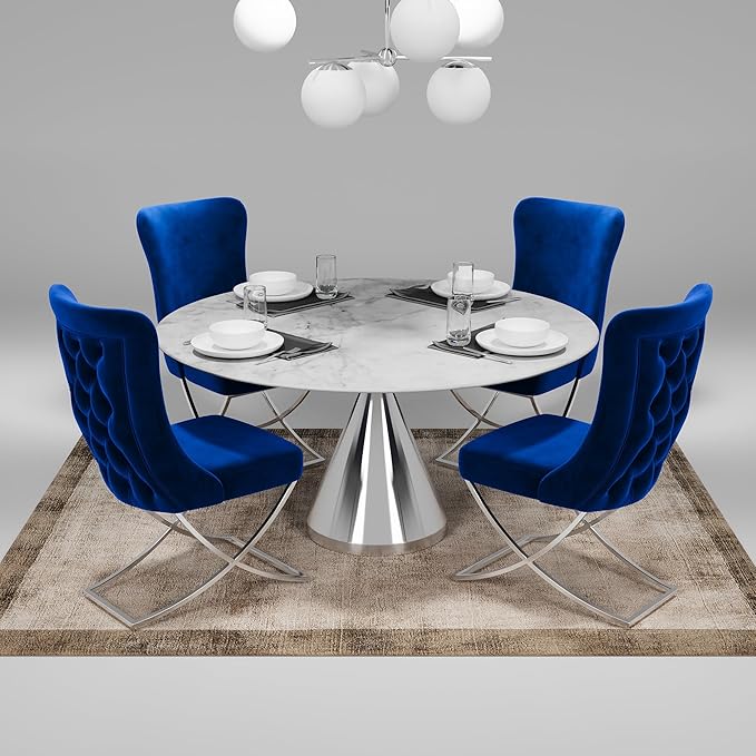 Ottomanson Royal Dining Chairs Set of 4 – Upholstered Tufted Microfiber, Assembled, Silver Metal Legs, Beech Wood Frame, 350 lb Capacity, Blue