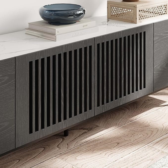 POVISON Mid Century Modern Sintered Stone TV Stand, Slatted Media Console TV Cabinet with Tall-cast Metal Legs, Fluted Entertainment Center with Storage, Fully-Assembled (Black, 94.49")