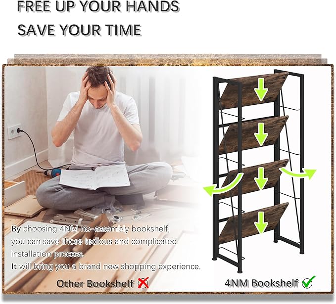 4NM No-Assembly Folding Bookshelf Storage Shelves 4 Tiers Vintage Bookcase Standing Racks Study Organizer Home Office (Rustic Brown Black)