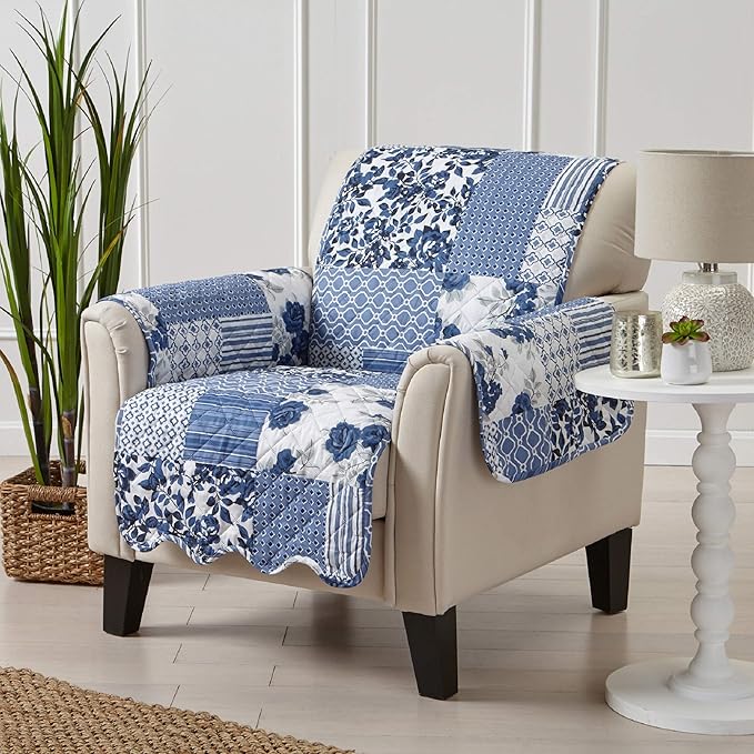 Great Bay Home Patchwork Scalloped Printed Furniture Protector Stain Resistant Chair Cover (Chair, Navy)