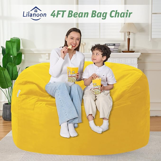 4FT Bean Bag Chair with Ultra Soft Velvet Cover Bean Bag Sofa with Memory Foam Bean Bag Chairs with Large Size Lazy Sofa for Dorm Office Living Room Bedroom Yellow 4'