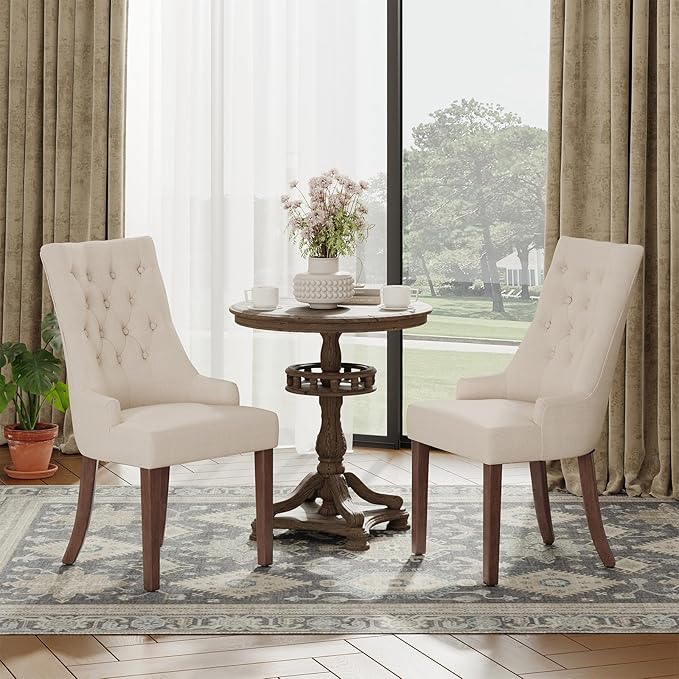 COLAMY Fabric Side Dining Chairs Set of 6, Wingback Upholstered Dining Room Chairs with Tufted Button, Living Room Chairs for Home Kitchen, Beige