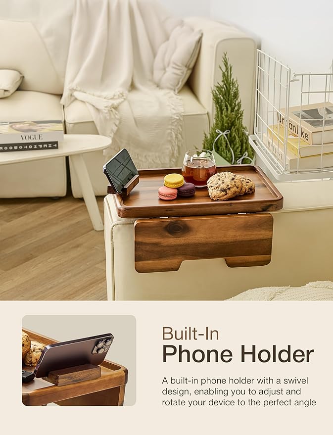 HOLANA 15.75" Acacia Couch Armrest Table with 360° Rotating Phone Holder, Wooden Couch Tray – Sofa Side Table, Armchair Caddy for Home Sofa Living Room (Acacia)