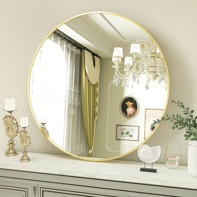 Round Mirror 36" Gold Wall Mounted Circle Mirrors Vanity Mirror with Aluminum Alloy Frame Modern Decoration for Bathroom, Living Room, Vanity, Bedroom, Entryway