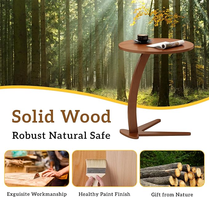 Wood Round Side Table: 17 '' Modern C Shaped End Table Nightstand with Natural Solid Wood, Small Bedside Table for Living Room, Bedroom, Farmhouse, Small Spaces (Large)