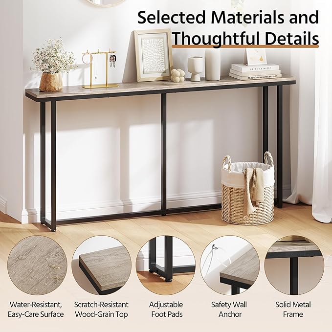 Yaheetech Narrow Console Table with Sturdy Metal Frame, 71 Inch Extra Long Entryway Sofa Table for Behind Couch, Hallway, Living Room, Gray