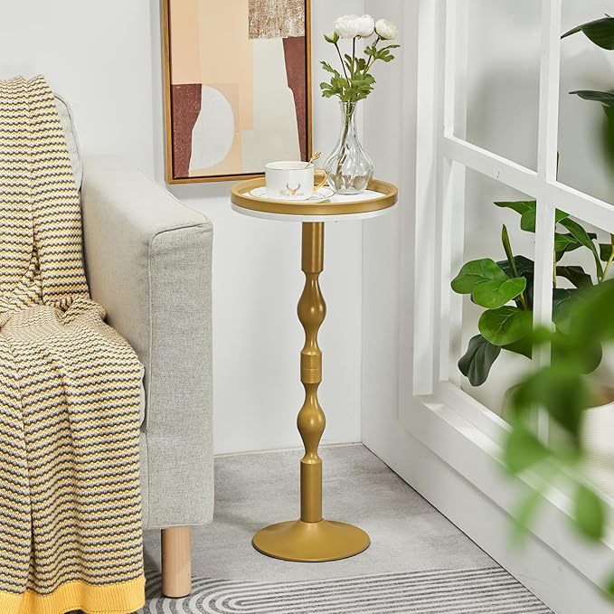 Small Round Drink Table,Pedestal Tables,Small Round Side Table for Narrow Spaces,End Table for Living Room, Bedroom, Bathroom,Balcony (White Gold)