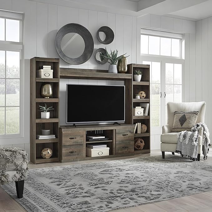 Signature Design by Ashley Trinell Rustic 4-Piece Entertainment Center for TVs up to 69", Light Brown