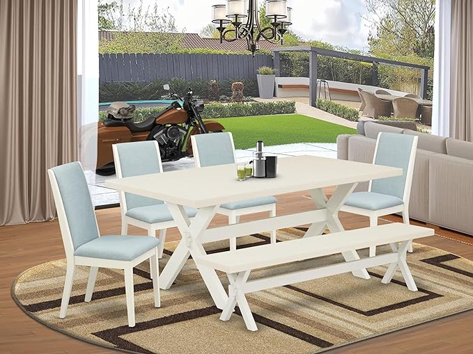 East West Furniture X027LA015-6 6 Piece Dining Table Set Contains a Rectangle Dining Room Table and 4 Baby Blue Linen Fabric Parson Chairs with a Bench, 40x72 Inch, Multi-Color