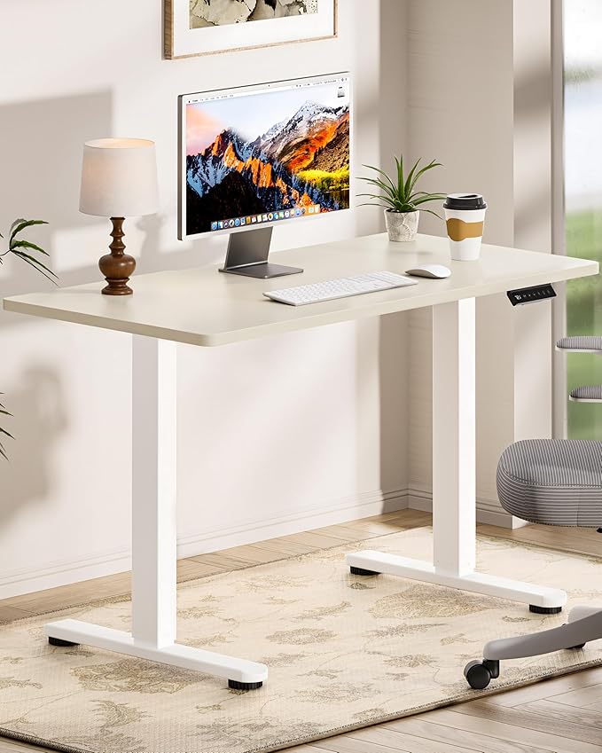 Okin Standing Desk Electric Adjustable Computer Whole Piece Stand up Desk Office Gaming Home Office Memory Desks 48x24 inches Cream Brown