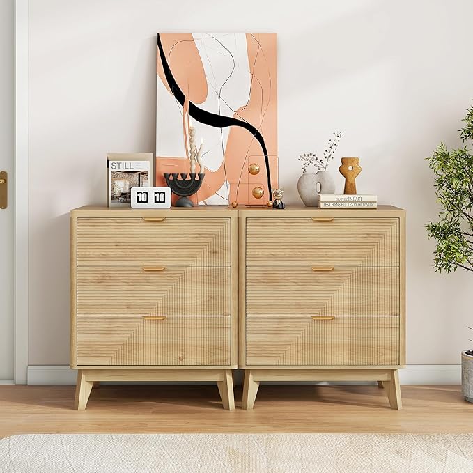 3 Drawer Fluted Nightstand for Bedroom, Modern Wood Chest of Drawers with Curved Profile, Fluted Dresser & Wood Drawer Organizer for Bedroom and Hallway