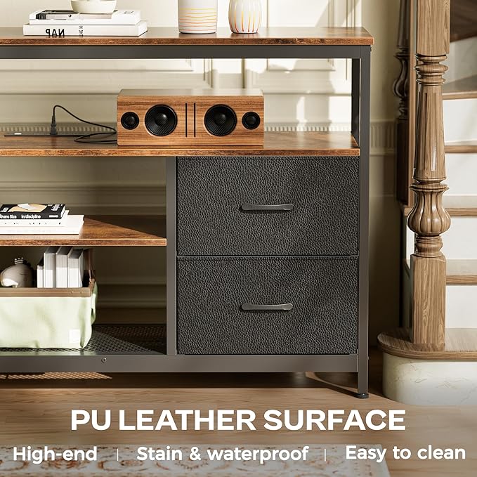 Huuger TV Stand Dresser with Power Outlets and LED Lights, 4 Drawers Entertainment Center with Shelves, 54 Inch Media Console for 55 60 Inch TV, PU Finish, Rustic Brown and Black