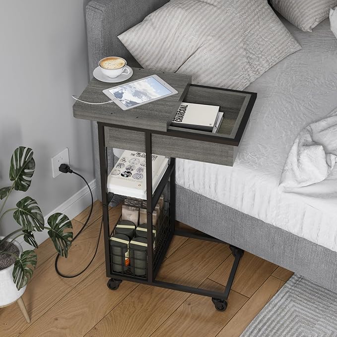 LIDYUK C Shaped End Table with Charging Station, Flip Top Side Table with USB Ports and Outlets, C Table Sofa Table with Storage Shelf for Living Room, Bedroom, Dark Grey
