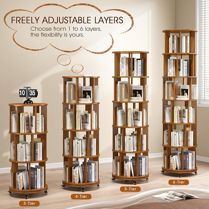 6 Tier Solid Wood Rotating Bookcase with Wheels, Round Revolving Bookshelf Organizer, 360° Spinning Storage Shelf for Corner, Small Narrow Spaces, Home, Office, Kids Room